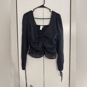 H&M Black Ruched Tie Front Blouse with Hearts